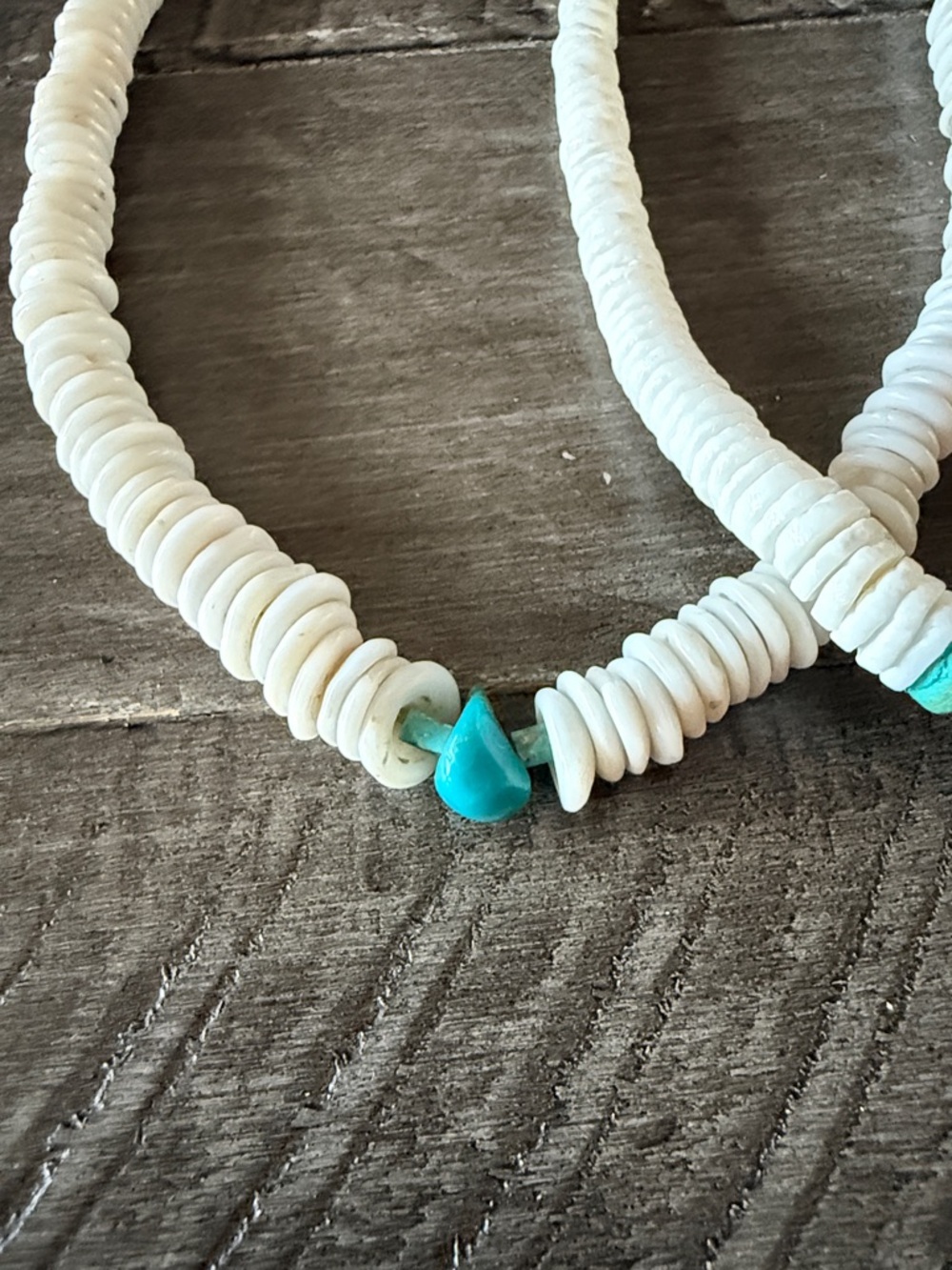 White Bead Necklace with Turquoise Accents and Shark Tooth Pendant - Picture 2 of 5
